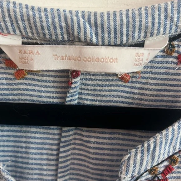 Zara Boho Mini Dress Blue and White Striped Embroidered size Small - Picture 11 of 12